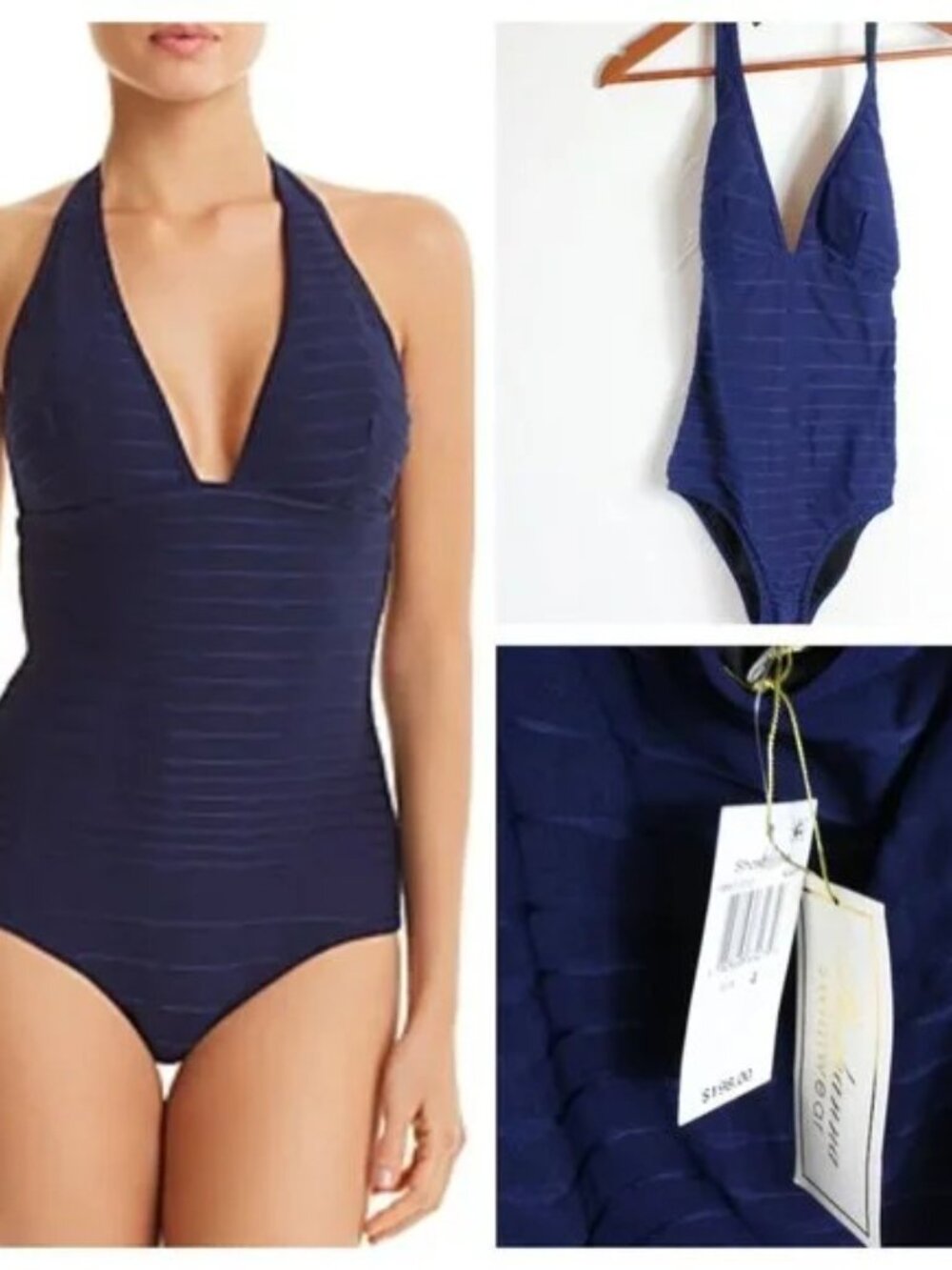 Shoshanna Halter One Piece Swimsuit Textured Stripe Navy Blue Size 4 NWT